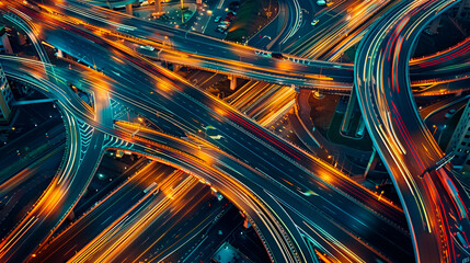 A highway interchange at twilight, with streams of 8K HDR car lights creating mesmerizing patterns in the evening sky. - obrazy, fototapety, plakaty