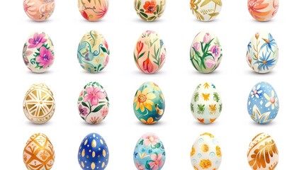 Collection of colourful hand painted decorated easter eggs on white background cutout file. Pattern and floral set. Many different design. Mockup template for artwork design