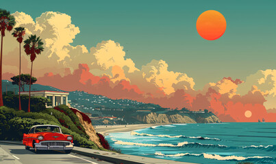 Vintage travel posters of scenic seaside landscapes. Retro illustration style with sunsets and coastal views. Design for wall art, tourism advertising, and travel inspiration.