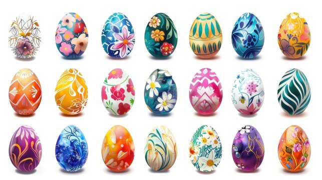 Orthodox Easter. Collection of colourful hand painted decorated easter eggs on white background cutout file. Pattern and floral set. Many different design. Mockup template for artwork design