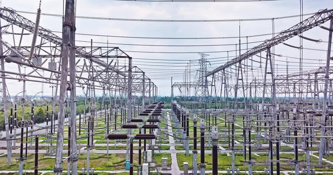 Aerial shot of substation power tower equipment landscape