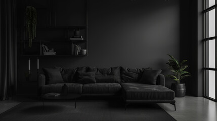Aesthetic tufted cosy black corner sofa in spacious dark room interior. Minimalist style. Generative AI