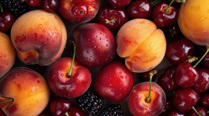 Naklejka na ściany i meble Close up of mixed summer fruit: berries, peaches, cherries.