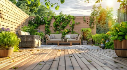 Beautiful of modern terrace with deck flooring and fence, green potted flowers plants and outdoors furniture.