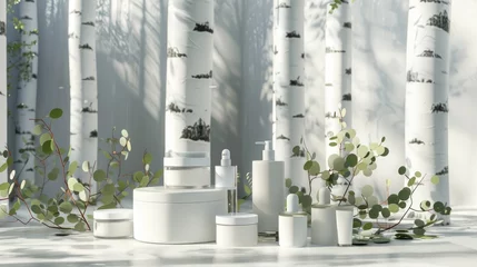 Keuken spatwand met foto Set of skincare beauty cosmetic products stand on podium birch forest. © kardaska