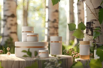 Foto op Plexiglas Set of skincare beauty cosmetic products stand on podium birch forest. © kardaska