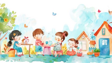 Obraz na płótnie Canvas Whimsical kids illustration - Watercolor illustration featuring cute cartoon kids engaged in various daily activities, capturing joy and innocence.