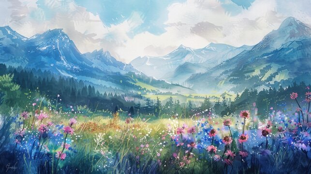 Watercolor summer landscape with wildflowers and majestic mountains, depicting tranquility and natural beauty.