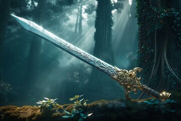 Ornate Ancient sword fantasy weapon. Iron metal. Generate Ai - obrazy, fototapety, plakaty