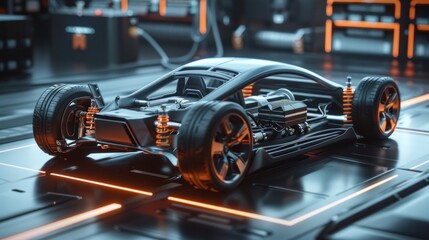 Futuristic electric sports car chassis and battery packs, highlighting high-performance EV production. - obrazy, fototapety, plakaty
