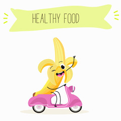 Cute characters bananas, funny fruits, characters with different activities. Flat vector illustration. Organic food, healthy food, illustrations for kids menu, invitations.