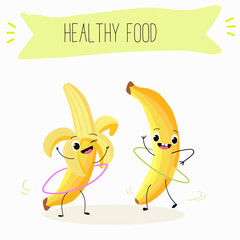 Cute characters bananas, funny fruits, characters with different activities. Flat vector illustration. Organic food, healthy food, illustrations for kids menu, invitations.
