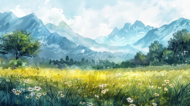 Tranquil watercolor summer landscape with wildflowers and majestic mountains, emphasizing peace.