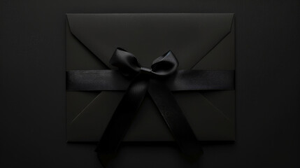 Aesthetic elegant black envelope invitation with ribbon for gala event. Greeting concept. Copy space. Generative AI