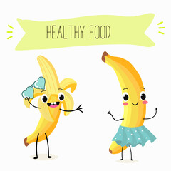 Cute characters bananas, funny fruits, characters with different activities. Flat vector illustration. Organic food, healthy food, illustrations for kids menu, invitations.