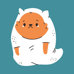 Cute cat in ghost costume vector cartoon illustration isolated on background.