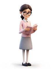 3D cartoon character student girl wearing eyeglasses reading a book. Pastel colored outfit, full body standing pose isolated on white background