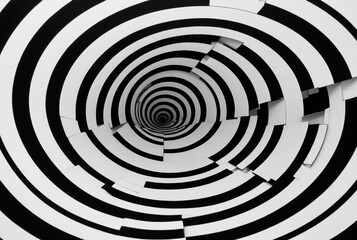 Hypnotic Black and White Spiral Pattern, backdrop. Close-up view of concentric black and white spiral creating an optical illusion, delusion poster. Abstract backgrounds concept. Copy ad text space