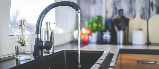 Kitchen sink with faucet and glass of water