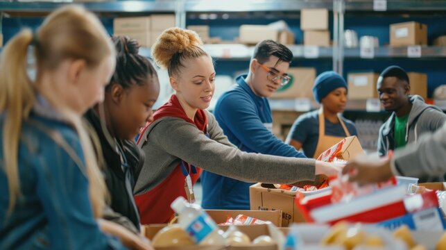 Diverse group of volunteers working together at community center, sorting donated food for those in need.