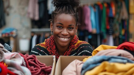Black female volunteer smiling with a donation box filled with clothes to help those in need. - Powered by Adobe