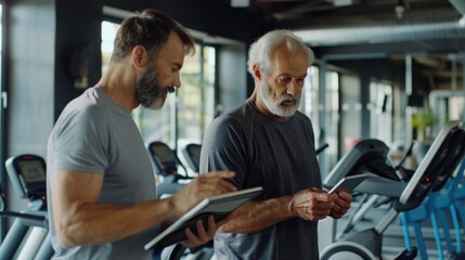 Naklejka premium Personal trainer assisting mature man with digital tablet during gym workout, fostering progress.