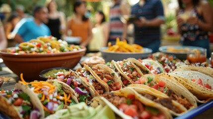 Enticing spread of tacos with friends enjoying a lively gathering, celebrating friendship and good food.