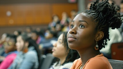Enthusiastic black student actively participating in lecture discussion. - obrazy, fototapety, plakaty