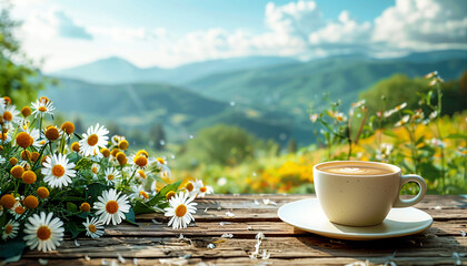 cappuccino amazing mountain view in the summer spring. Enjoy a cup of freshly brewed coffee amidst...