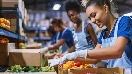 Volunteers sorting and organizing donation boxes at food bank.