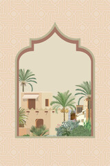 Traditional Arabian landscape with palm tree illustration frame