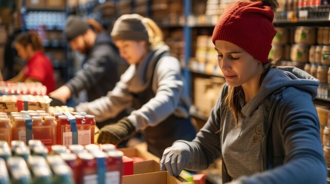 Volunteers sorting and organizing donation boxes at food bank, making a difference in community.