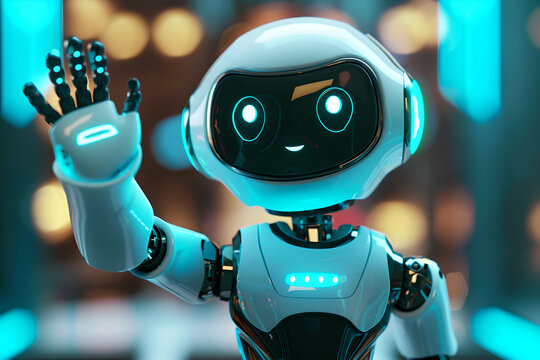 Greeting child robot waves his hand, hello technology of future. Friendly character android. Robot communication and help, ai computer