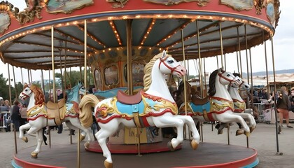 Fototapeta na wymiar Charming Old Fashioned Carousel With Brightly Pai