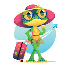 Vector illustration - green frog character wearing pink sunhat, sunglasses and orange bikini with floral print. Theme of travel, vacation, pink suitcase, tickets, plane taking off.