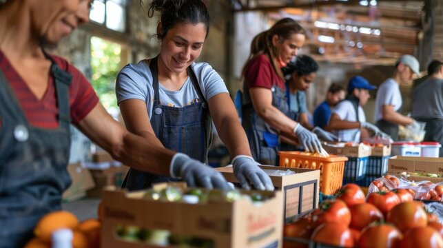Diverse volunteers organizing and distributing groceries at a community food bank.