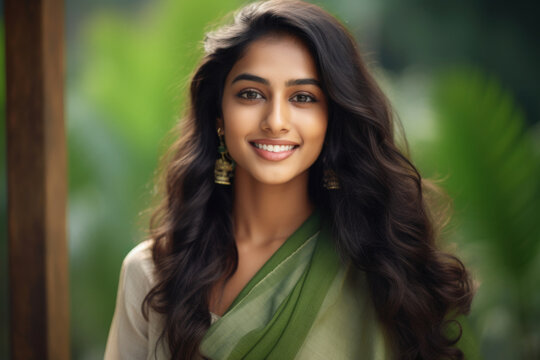 Beautiful smiling young woman of Indian ethnicity with flowing hair wearing traditional dress in the outdoor