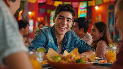 Mexican restaurant gathering - Young man enjoying a delicious meal with friends at a lively Mexican restaurant.
