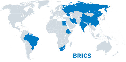 BRICS, with new member states as of 2024, political map. BRICS for Brazil, Russia, India, China and South Africa. Now known as BRICS plus with emerging market countries Egypt, Ethiopia, Iran, and UAE. - 775848785