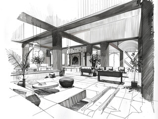 A drawing of a large open hotel lobby with a lot of furniture and plants. Wide and tall window for natural lighting. 
