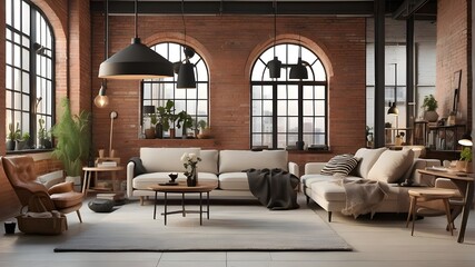 A trendy loft apartment with exposed brick walls, industrial lighting fixtures, and a mix of vintage and modern furniture pieces