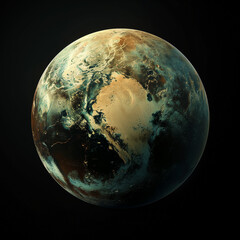Hyper-realistic view of dwarf planet Pluto, surface details in high resolution, black space background.