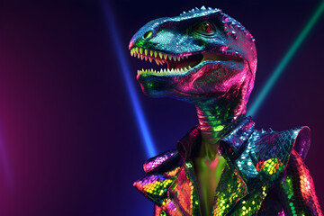 Creative animal concept. Dino dinosaur in disco neon glitter glam shiny glow sequin outfit, copy text space. commercial, editorial advertisement party invitation invite, surreal surrealism	
