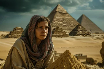 Foto op Canvas Mysterious Ancient egyptian pyramid cute woman. Travel old sand. Generate Ai © anatolir