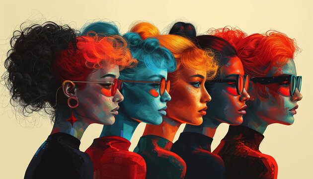 Diverse Hair Art: Midcentury Modern Styles in Vibrant Colors for 2024 Salon Display