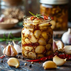Homemade Pickled Garlic Cloves with Chopped Chili Peppers in a Mason Jar - obrazy, fototapety, plakaty
