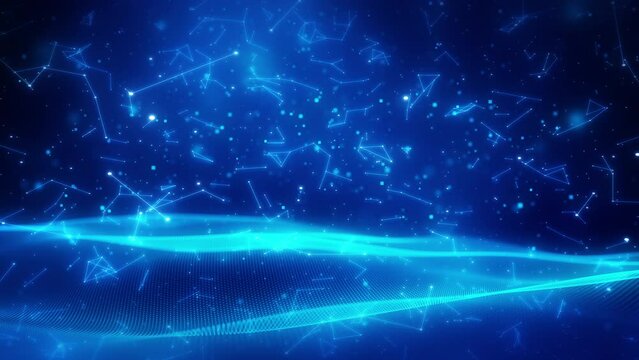 Abstract business background with digital technology connection network moving dots and lines cyberspace glow particles. Data analysis flow futuristic cybersecurity high tech dark blue background.