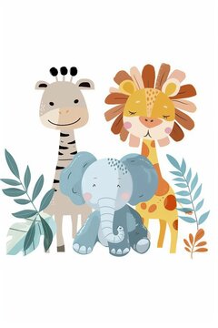 Watercolor cute illustration of cartoon tropical animals on white background