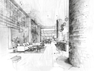 A drawing of a large open hotel lobby with a lot of furniture and plants. Wide and tall window for natural lighting. 
