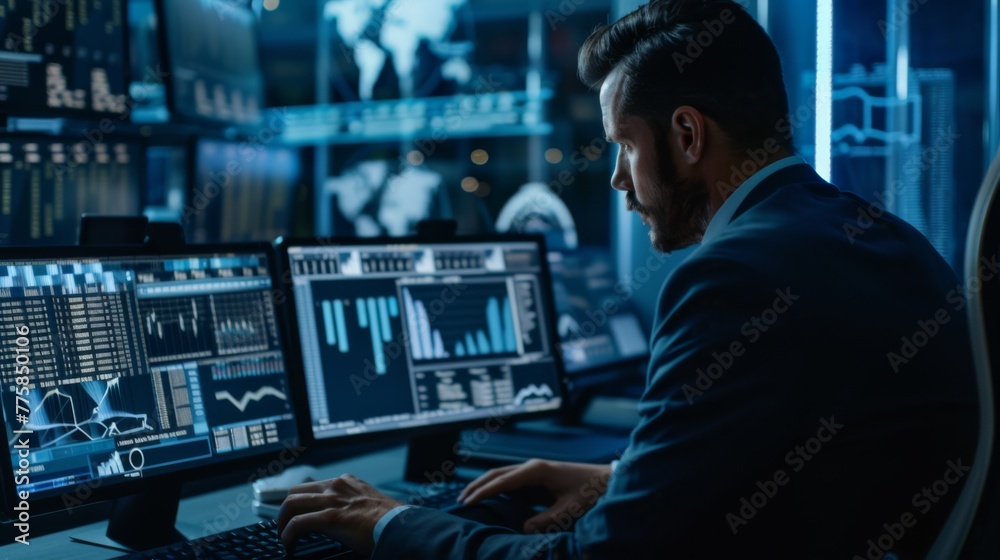 Poster Man Sitting in Front of Two Computer Monitors
